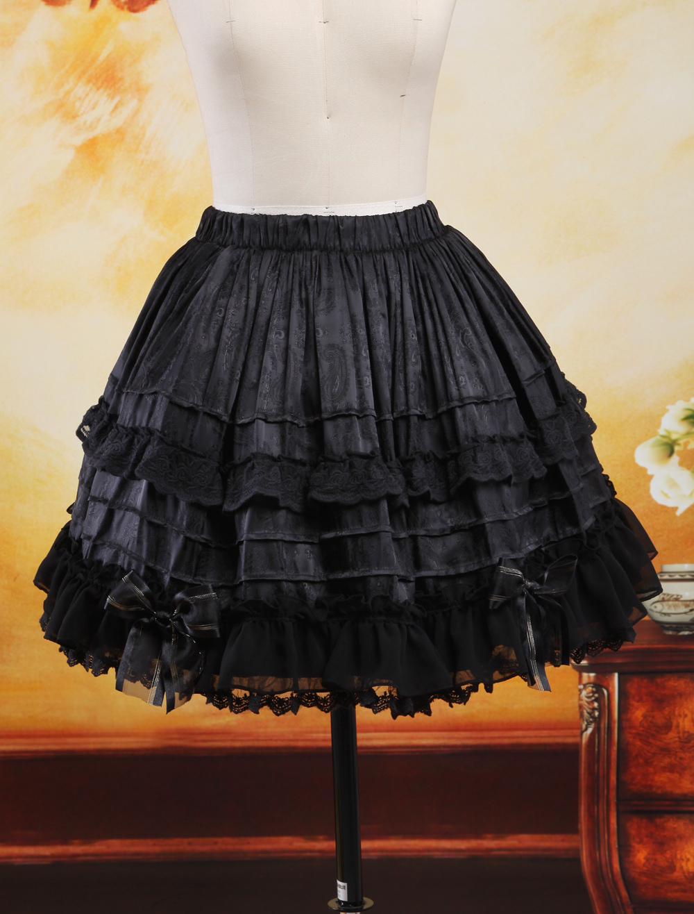 Gothic Black Bow Ruffles Jacquard Chiffon Lolita Skirts - Milanoo.com