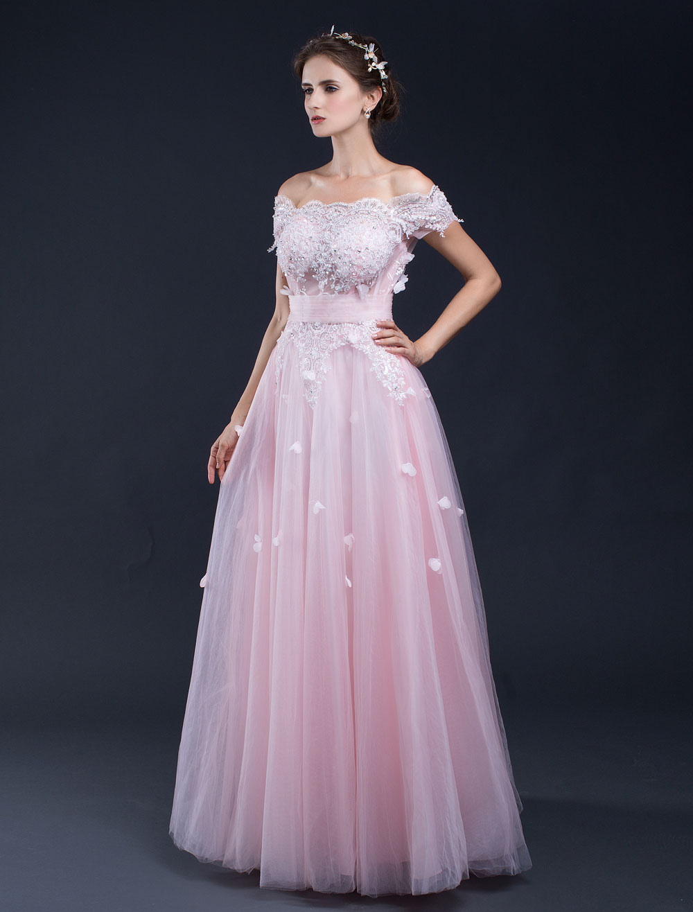 Beach Wedding Dress Pink Lace Applique Off-the-shoulder A-line Floor ...