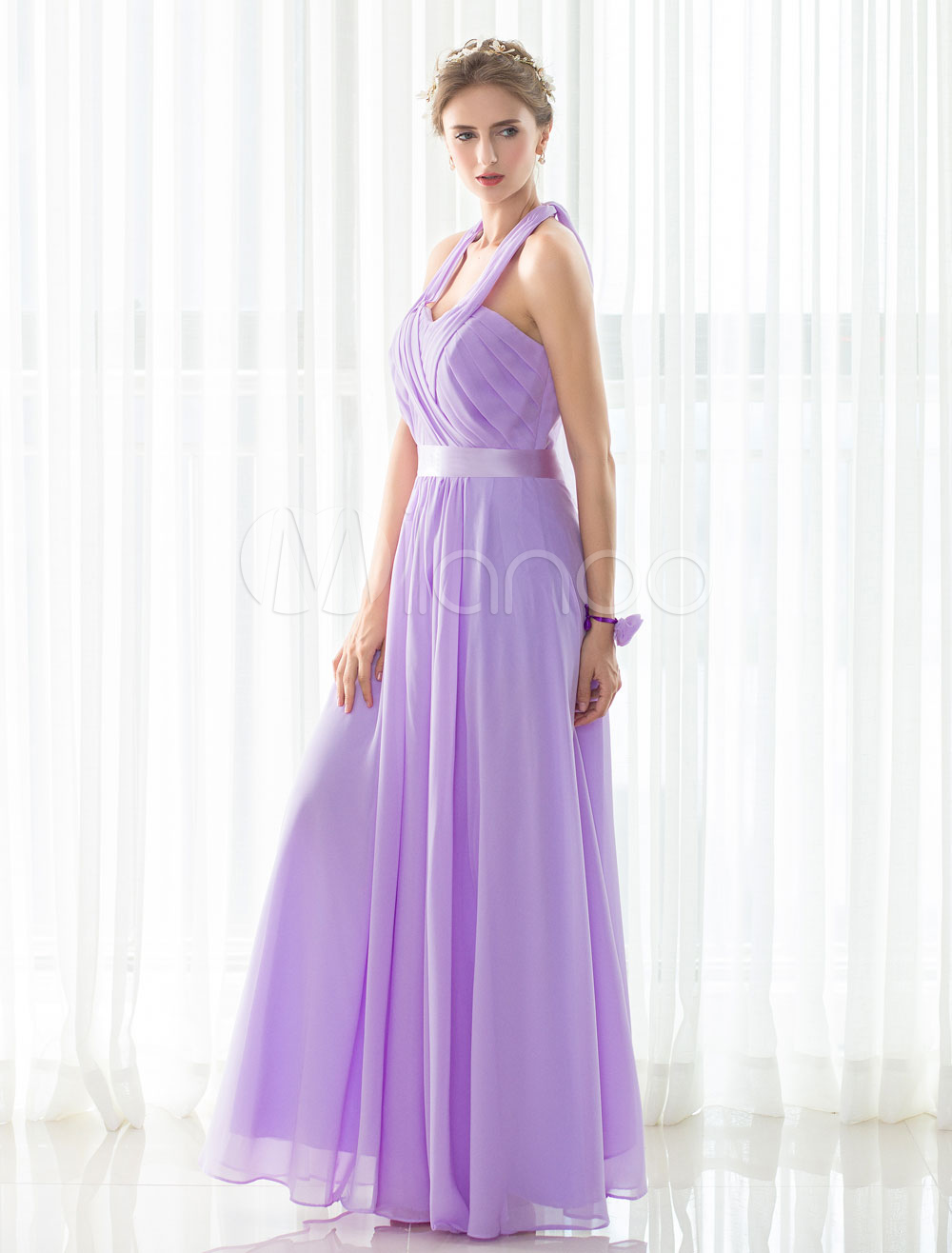 Bridesmaid Dress Lilac Chiffon Halter Pleated Floor-length Satin Sash ...