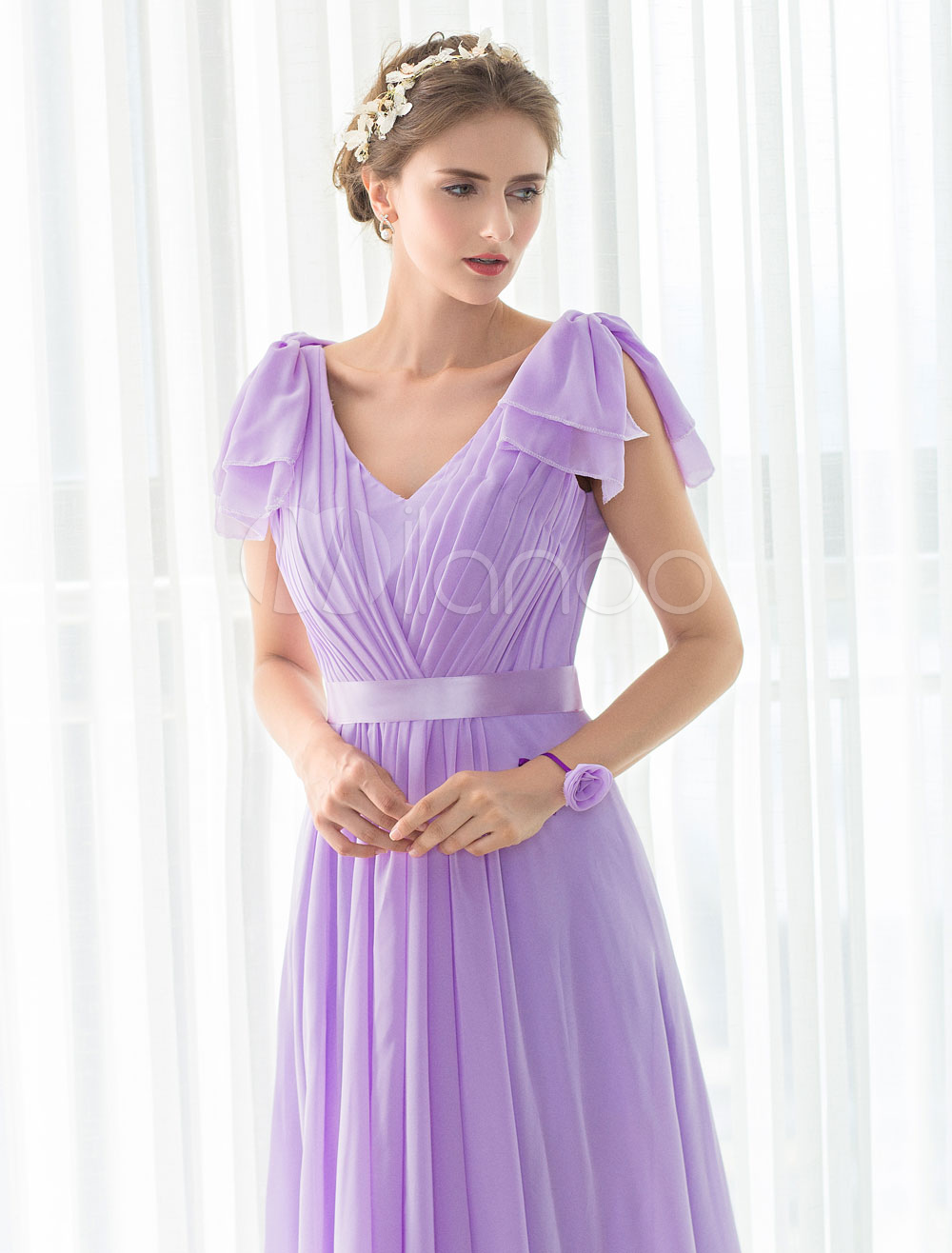 Chiffon Bridesmaid Dress Maxi Lilac Floor-length V-neck Satin Sash ...