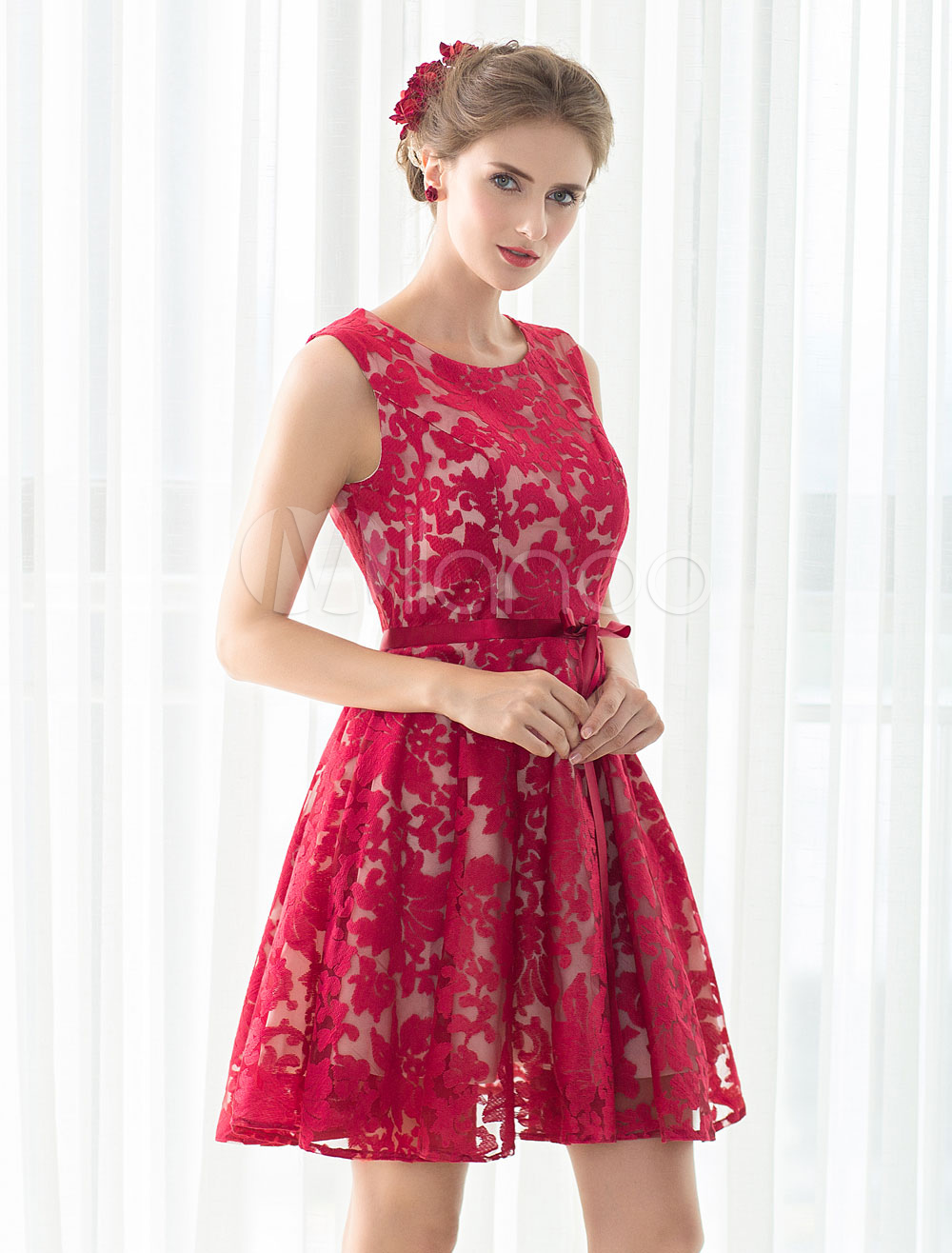 Lace Cocktail Dress Red Short Prom Dress A-line Sleeveless Homecoming ...
