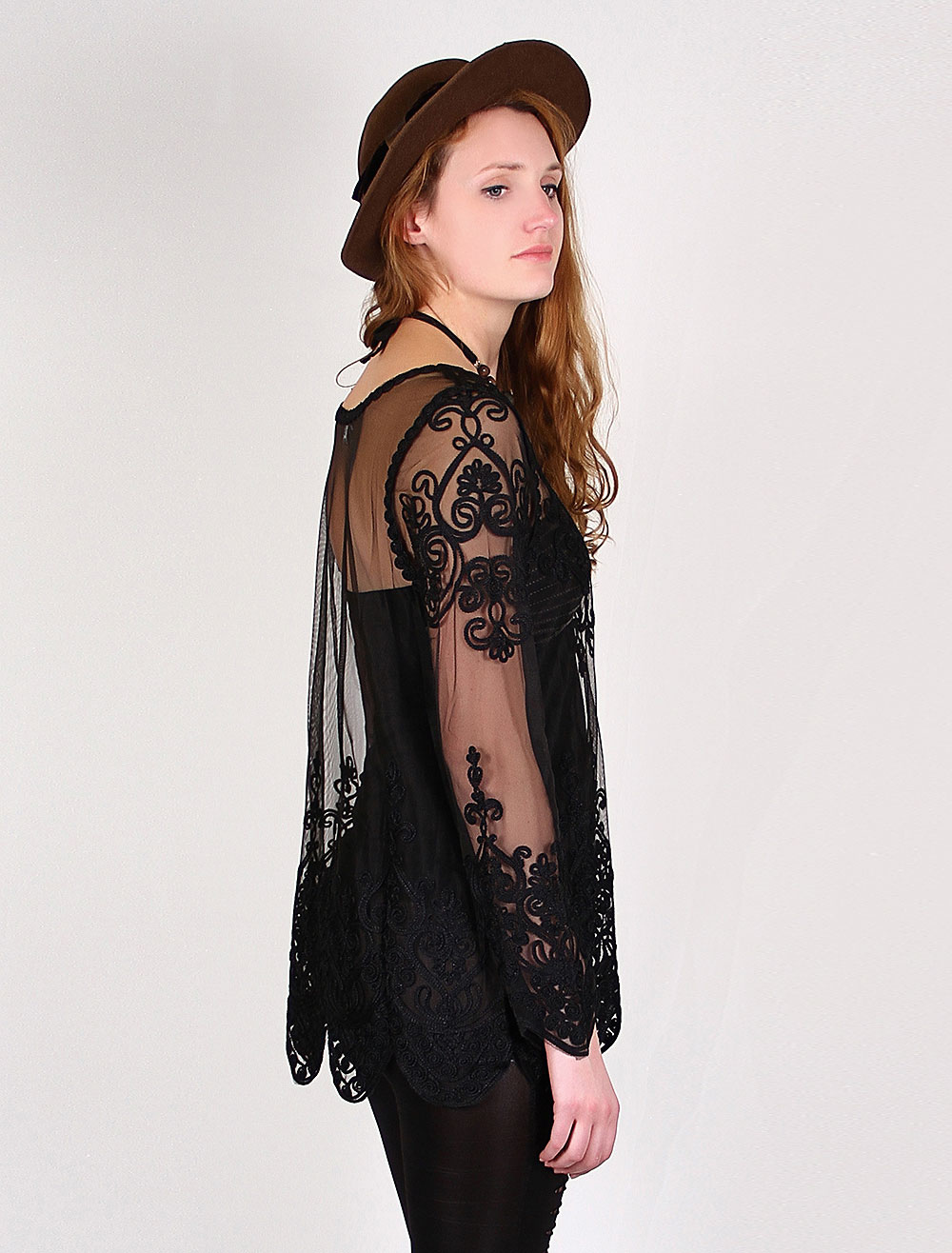 Black Women's Sheer Long Top With Lace boutique.milanoo