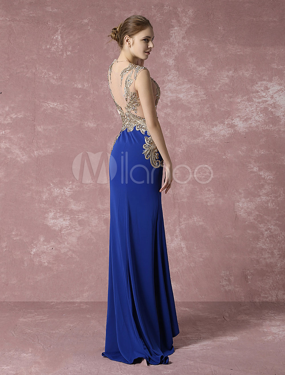 Blue Evening Dress Mermaid Party Dress Embroidered Rhinestone Illusion