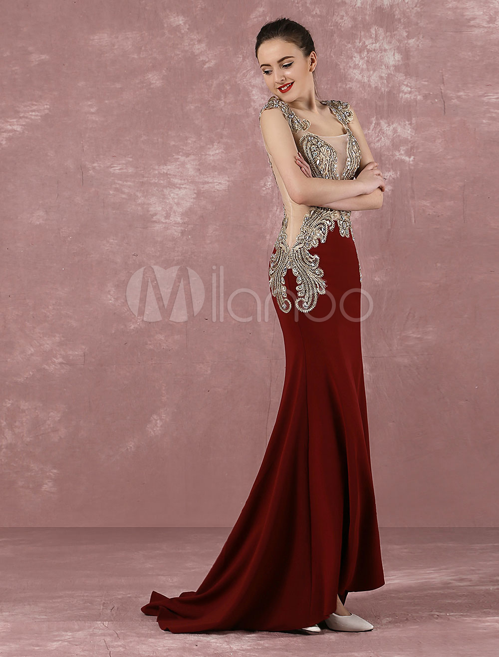 Blue Evening Dress Mermaid Party Dress Embroidered Rhinestone Illusion