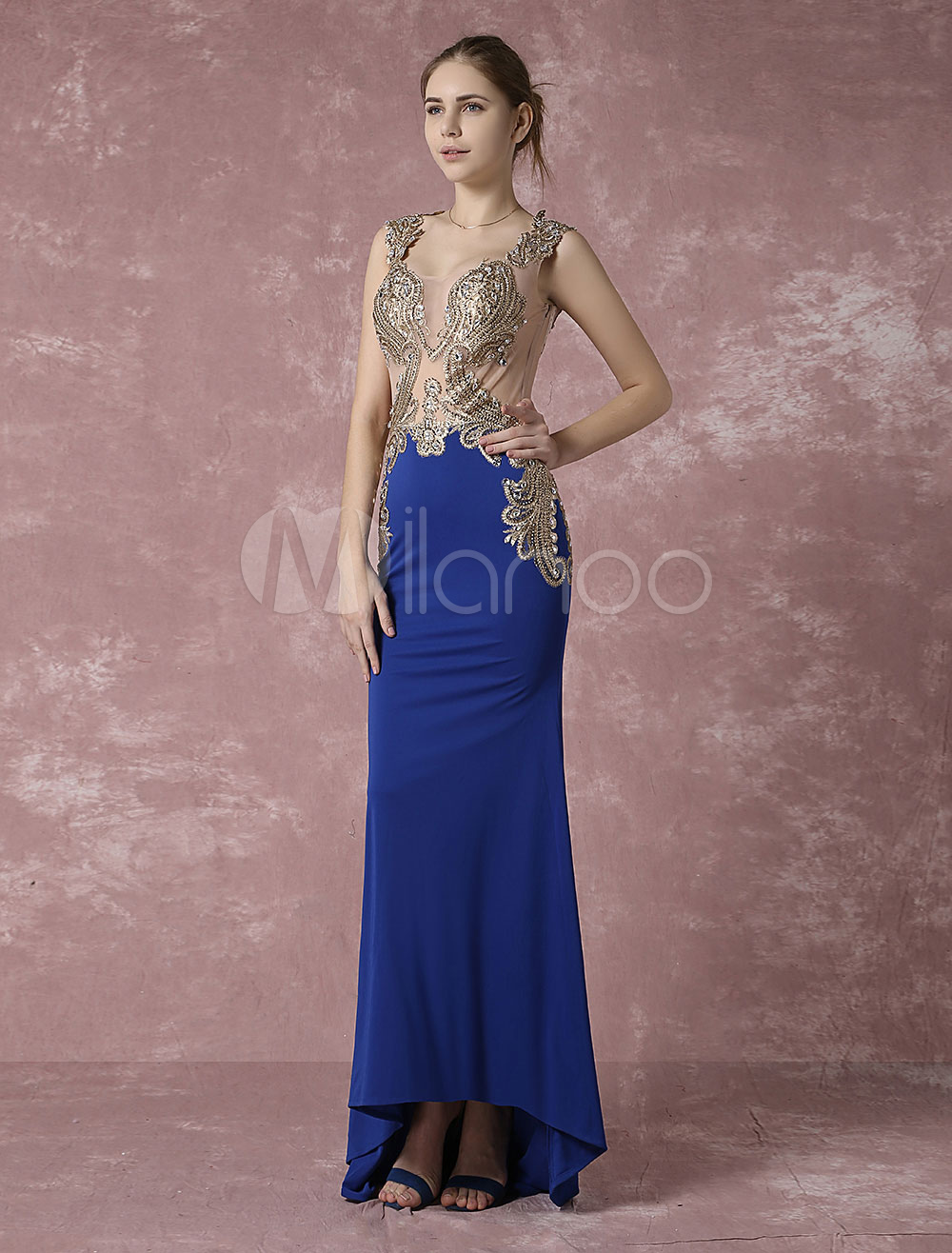 Blue Evening Dress Mermaid Party Dress Embroidered Rhinestone Illusion