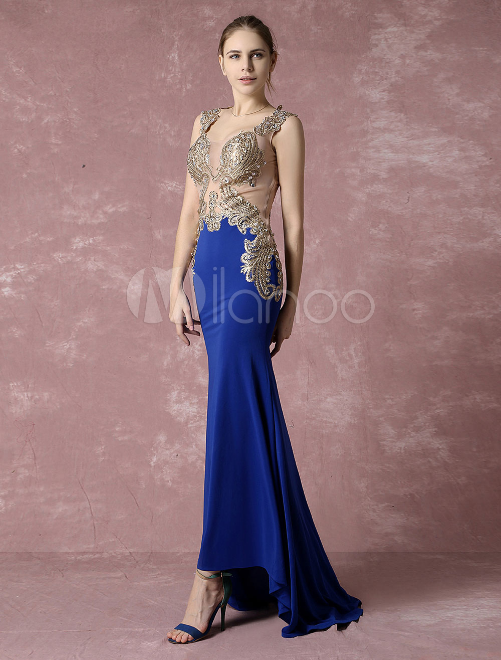 Blue Evening Dress Mermaid Party Dress Embroidered Rhinestone Illusion