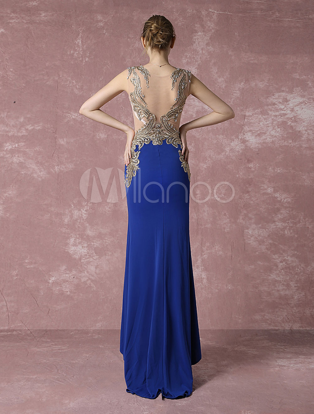 Blue Evening Dress Mermaid Party Dress Embroidered Rhinestone Illusion