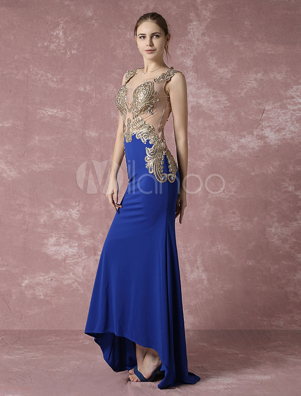 Blue Evening Dress Mermaid Party Dress Embroidered Rhinestone Illusion