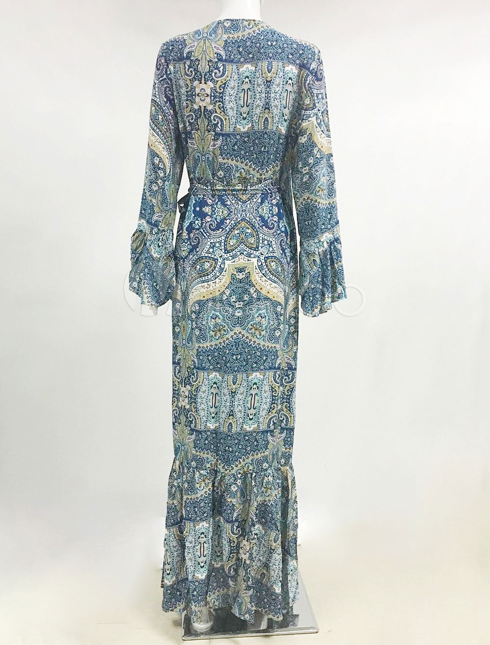 Boho Maxi Dress Blue V Neck Bell Long Sleeve Printed Ruffle Long Dress ...