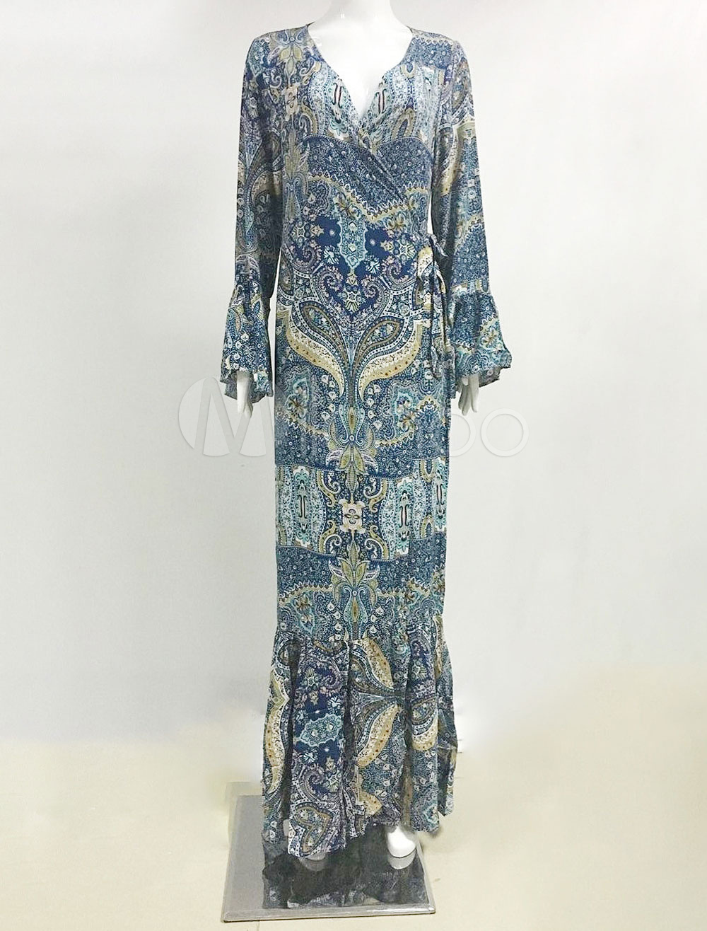 Boho Maxi Dress Blue V Neck Bell Long Sleeve Printed Ruffle Long Dress ...