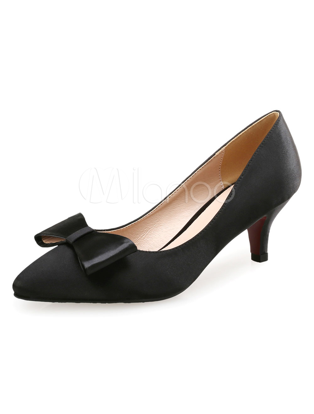 Pointed Toe Heels Kitten Heel Women's Black Satin Bow Slip On Pumps ...