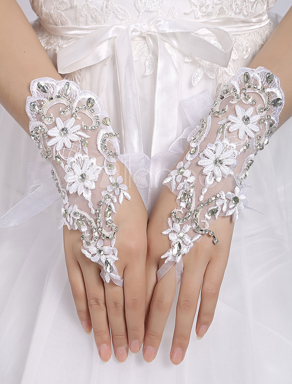 Short Wedding Gloves White Lace Fingerless Flowers Applique Organza Ribbon Bridal Gloves 8446