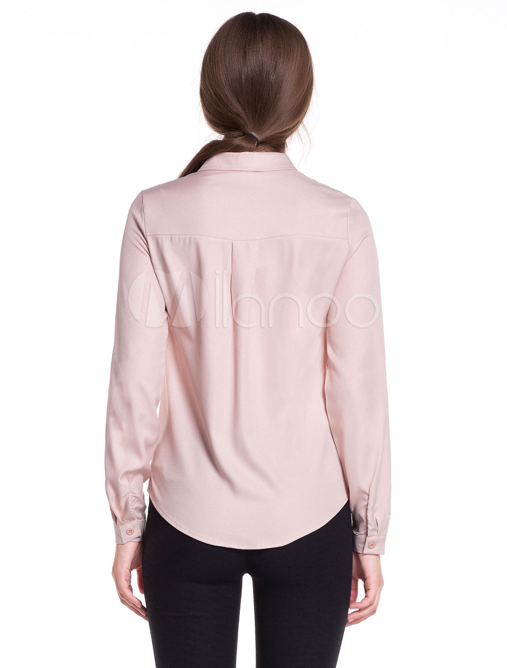 Women's Pink Blouse Turndown Collar Long Sleeve Microfiber Curved Hem ...