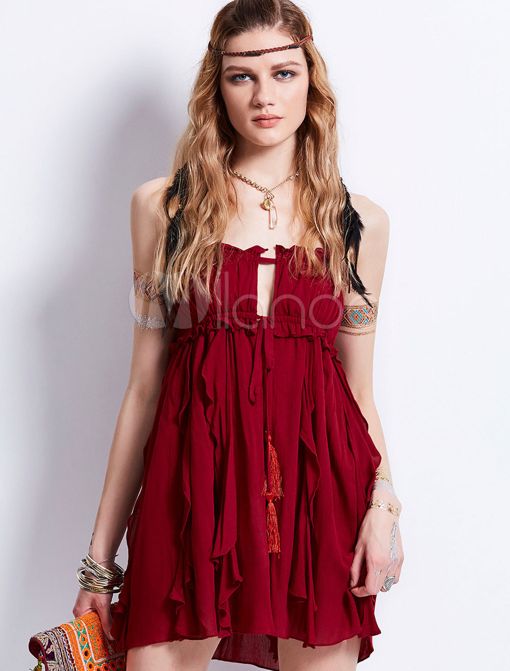 Belle Robe boh?�mienne sans manches en coton boh?�mienne bordeaux unicolore ?�t?� street style 