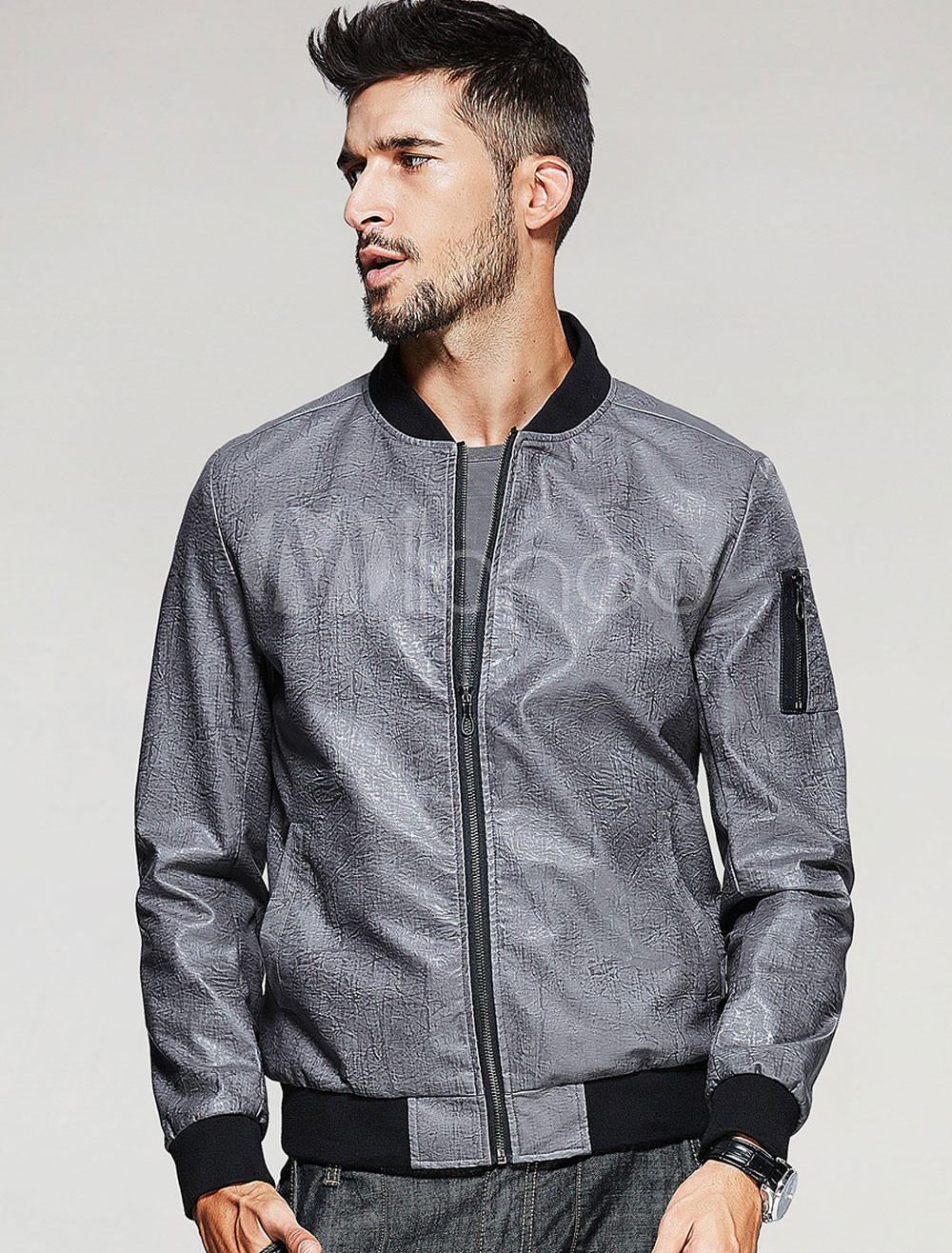 Grey Bomber Jackets Men's Stand Collar Long Sleeve Leather Jacket