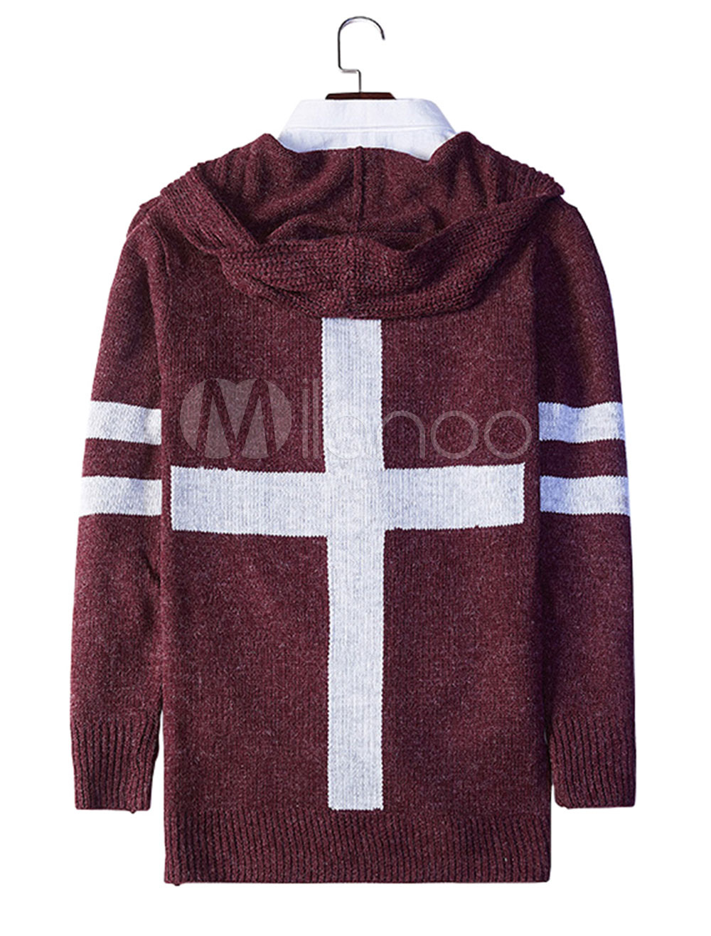 Mens Cardigan Sweater Long Sleeve Round Neck Two Tone Burgundy Relaxed