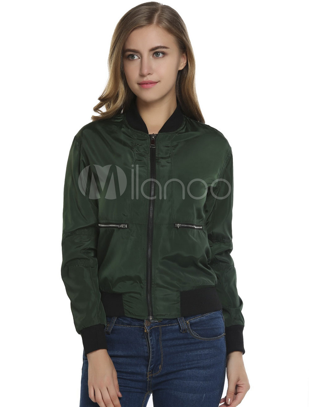 Bomber Jacket Hunter Green Long Sleeve Stand Collar Short Varsity ...