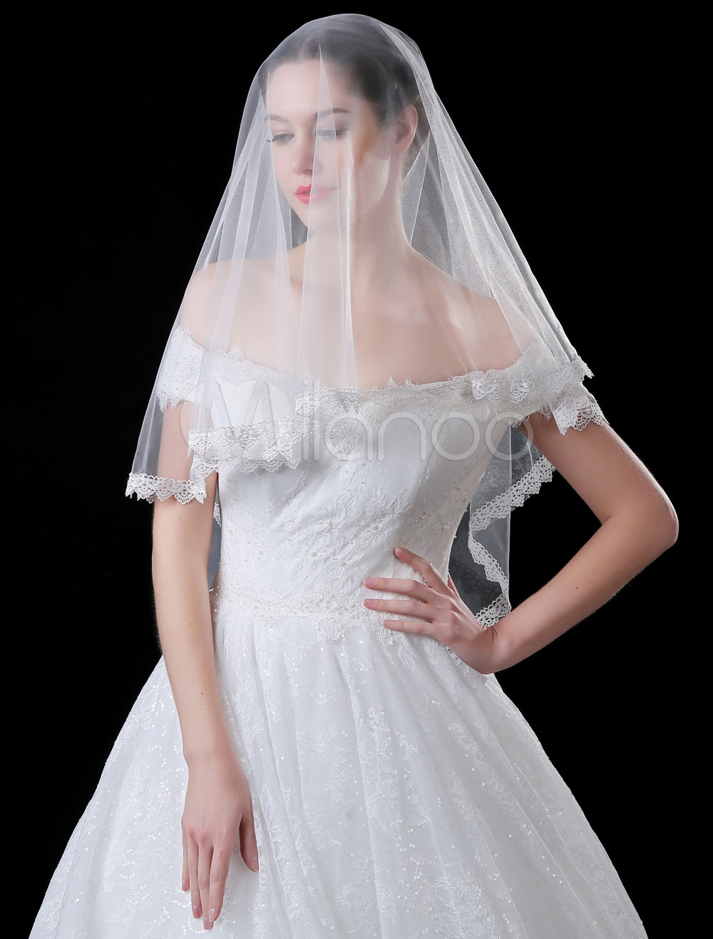 Ivory Wedding Veil Tulle Oval Lace Applique Edge Bridal Veil - Milanoo.com