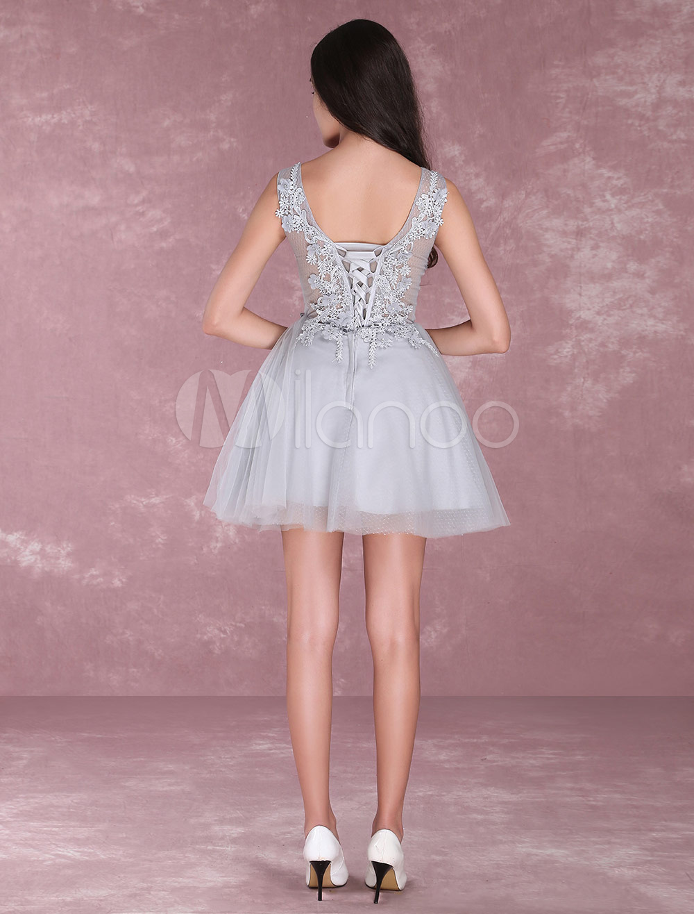 Light Grey Dresses Lace Flowers Short Prom Dresses V Neck