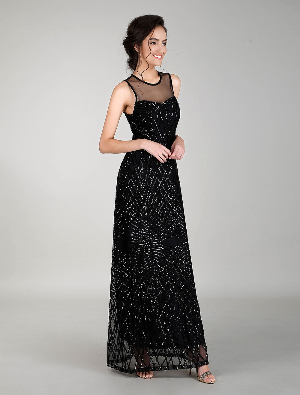 Black Evening Dresses Maxi Sequin Prom Dress Illusion Neck Long Cocktail Dress boutique.milanoo