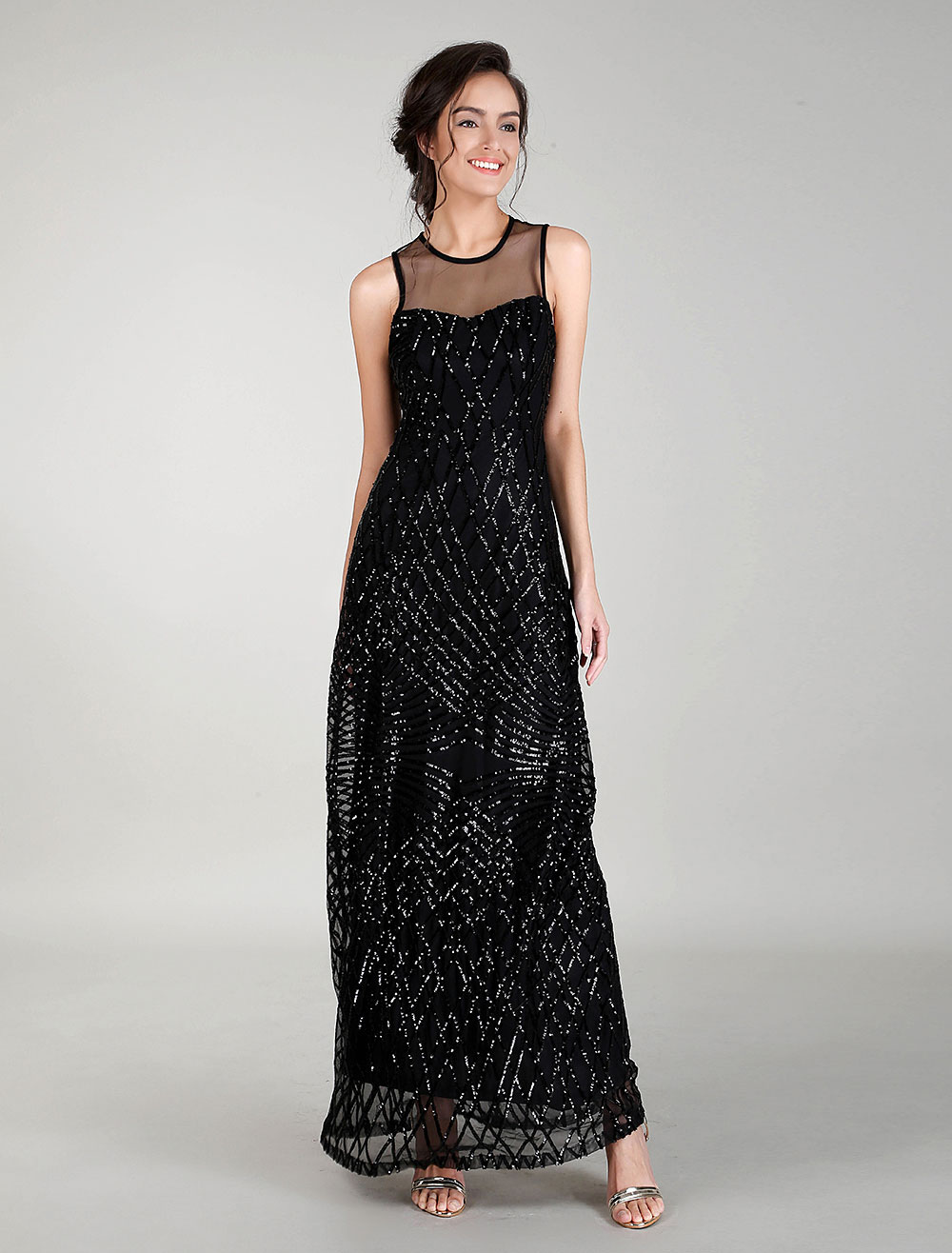 Black Evening Dresses Maxi Sequin Prom Dress Illusion Neck Long Cocktail Dress boutique.milanoo