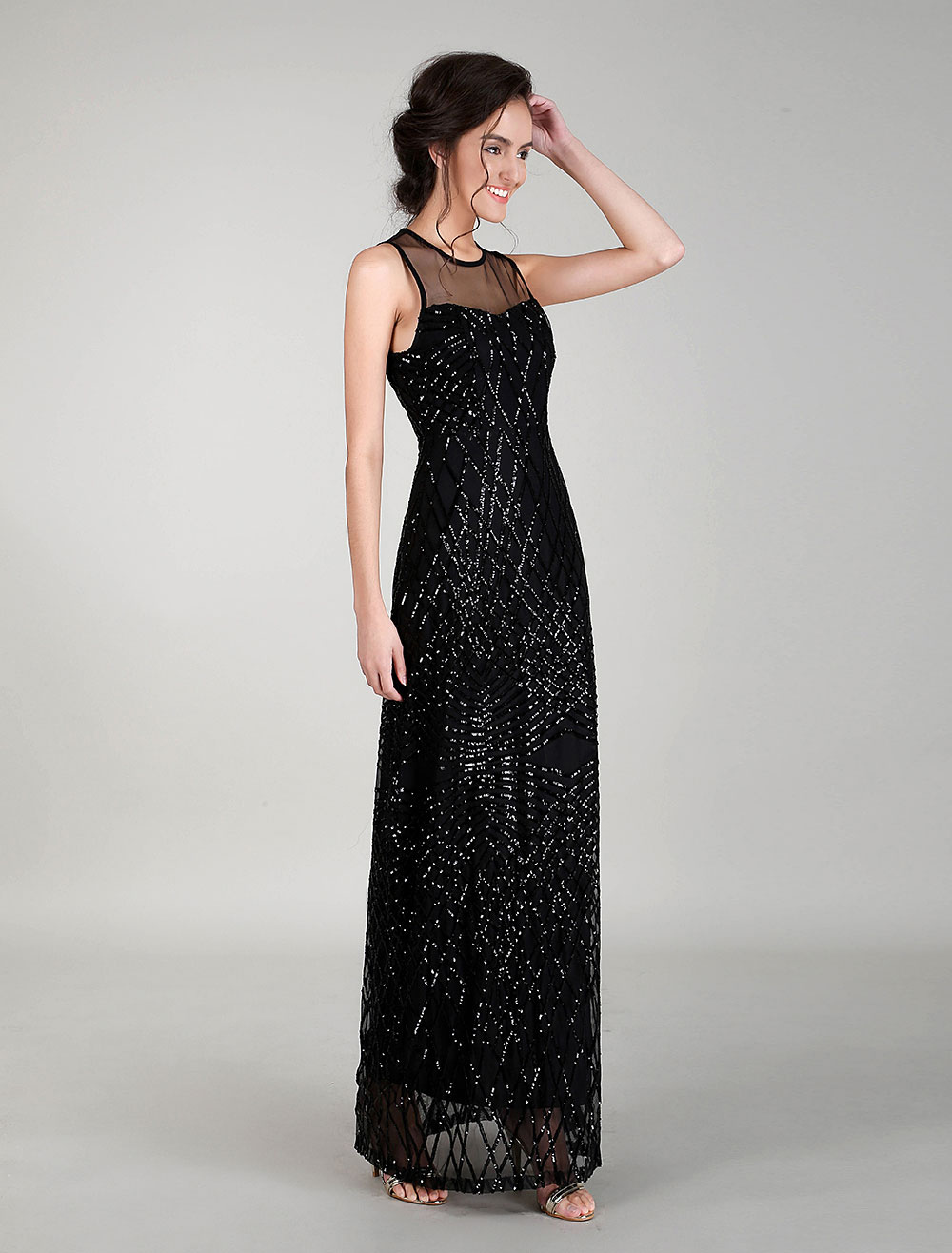 Black Evening Dresses Maxi Sequin Prom Dress Illusion Neck Long Cocktail Dress boutique.milanoo