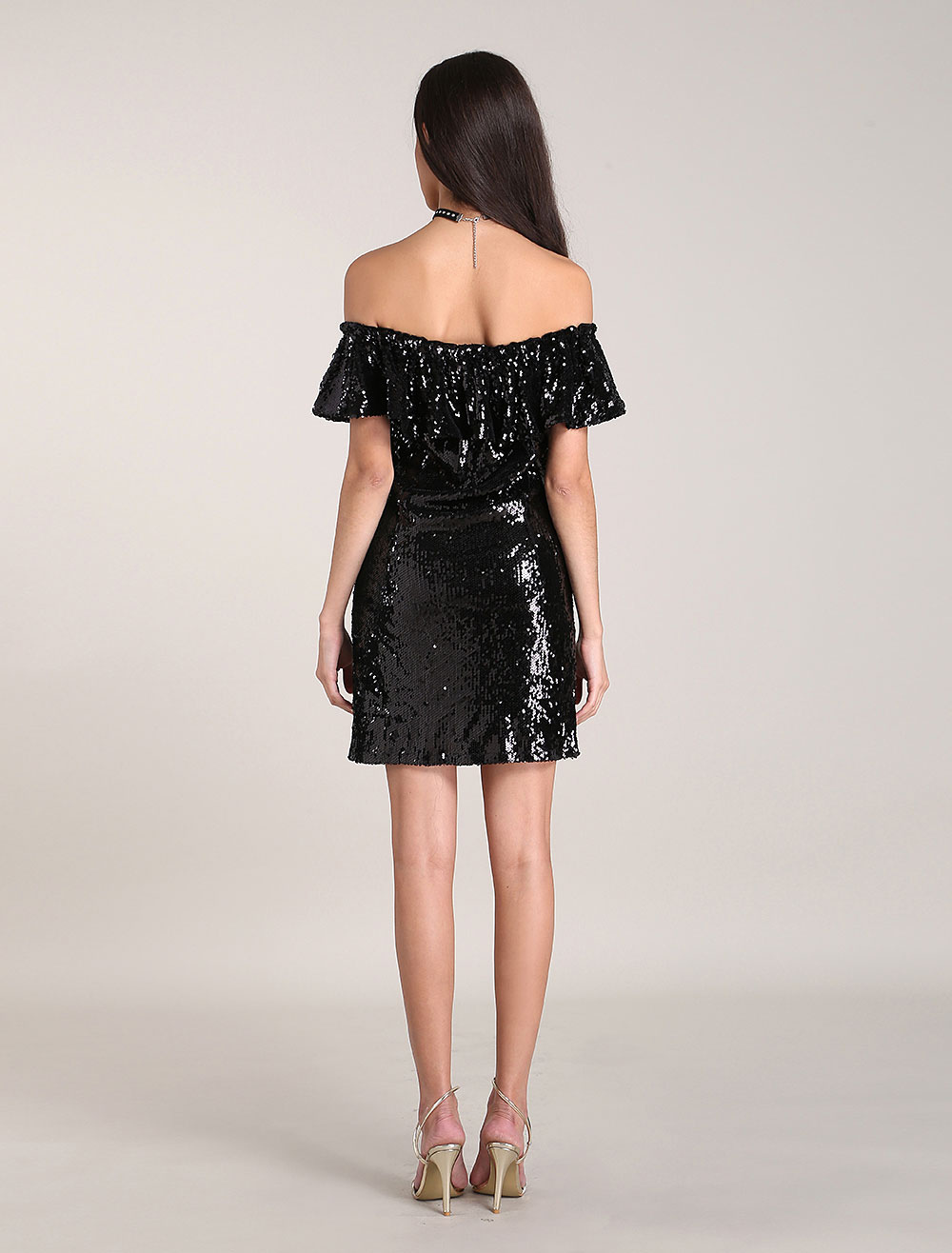 Sequin Bodycon Dresses Black Off Shoulder Midi Dresses Multi Collar