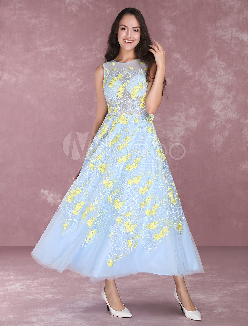 Baby Blue Prom Dresses Illusion Floral Embroidered Dresses