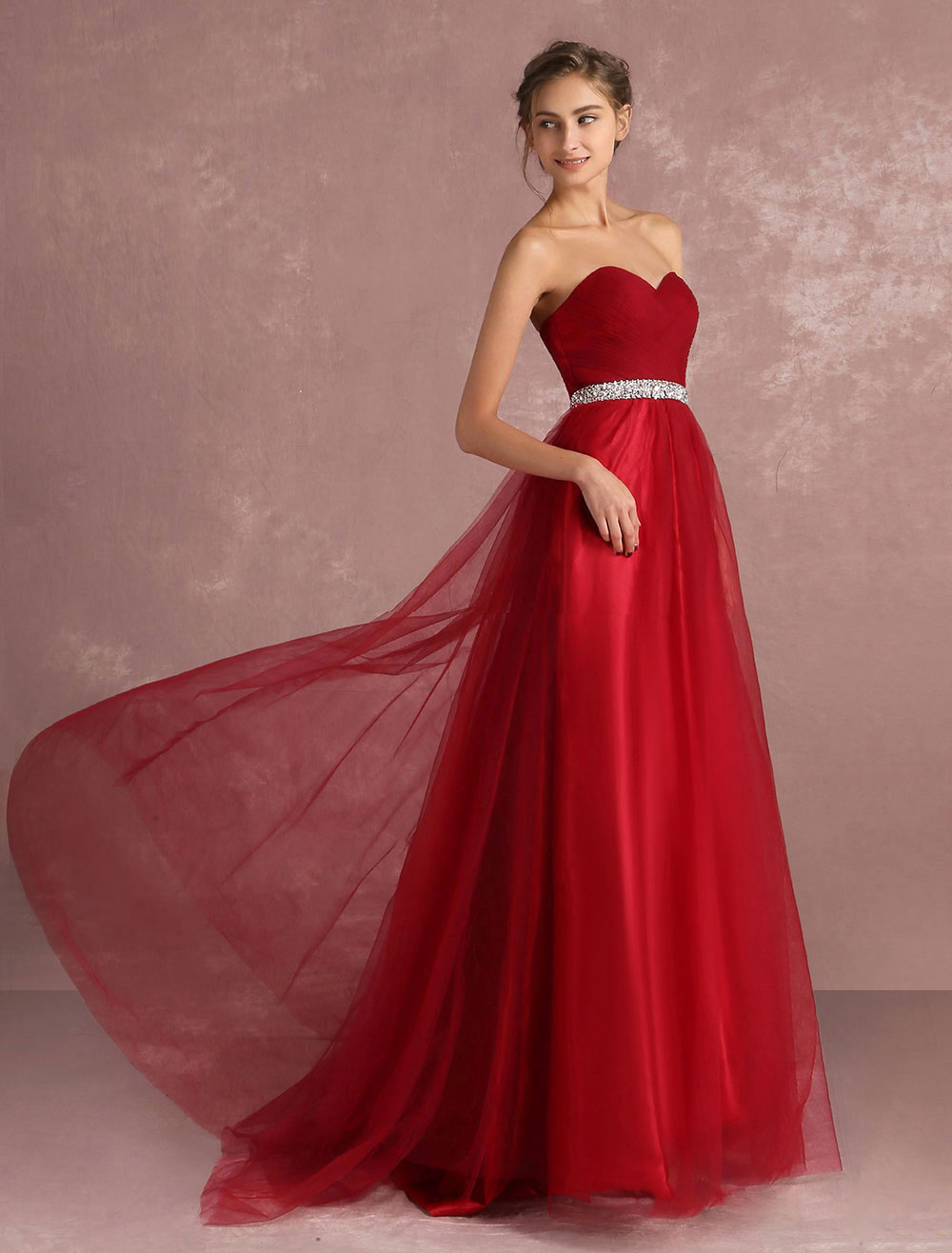 Red Prom Dresses 2021 Long Strapless Backless Tulle Evening Dress ...