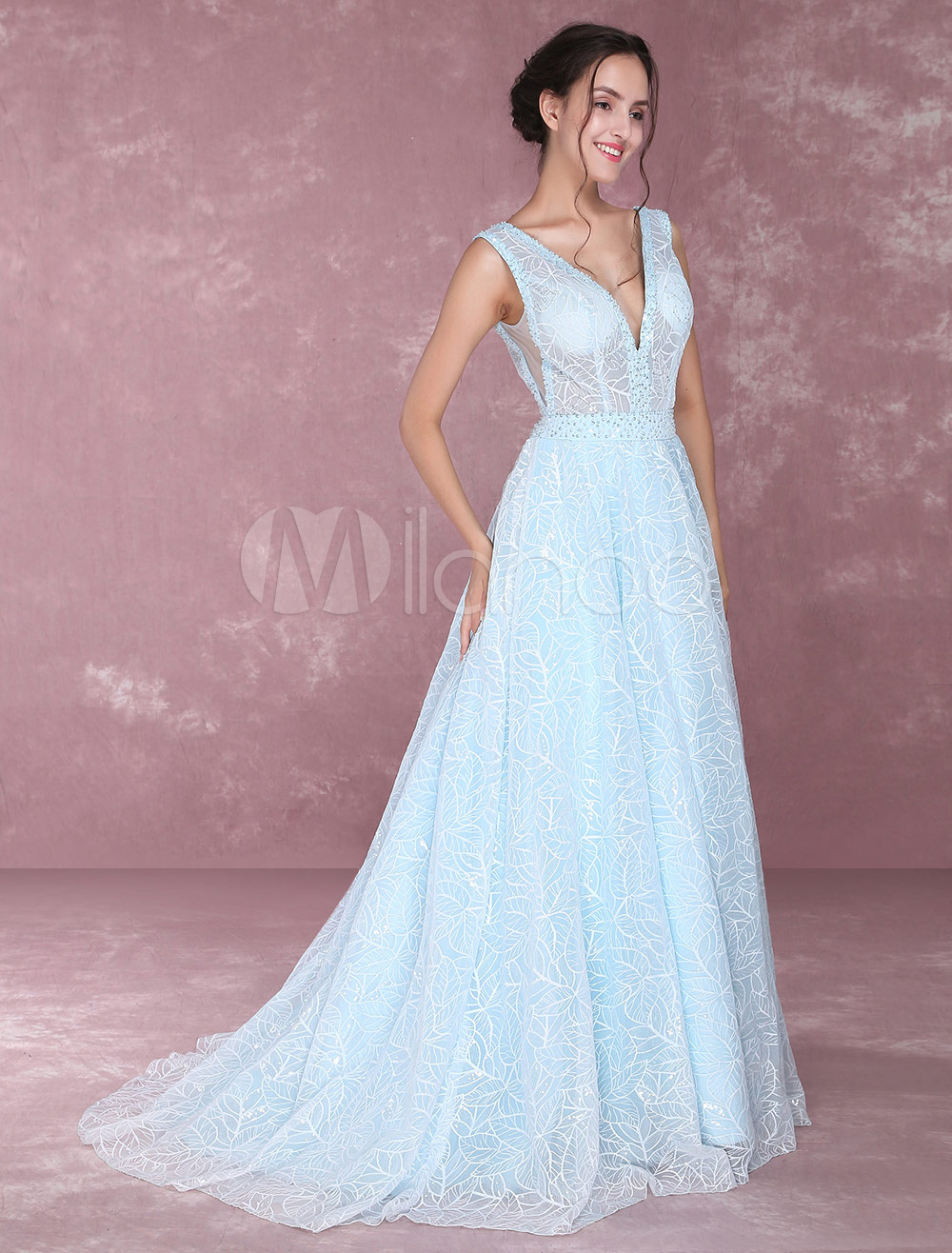 Lace Pageant Dress Pastel Blue V Neck Prom Dresses Beading Illusion
