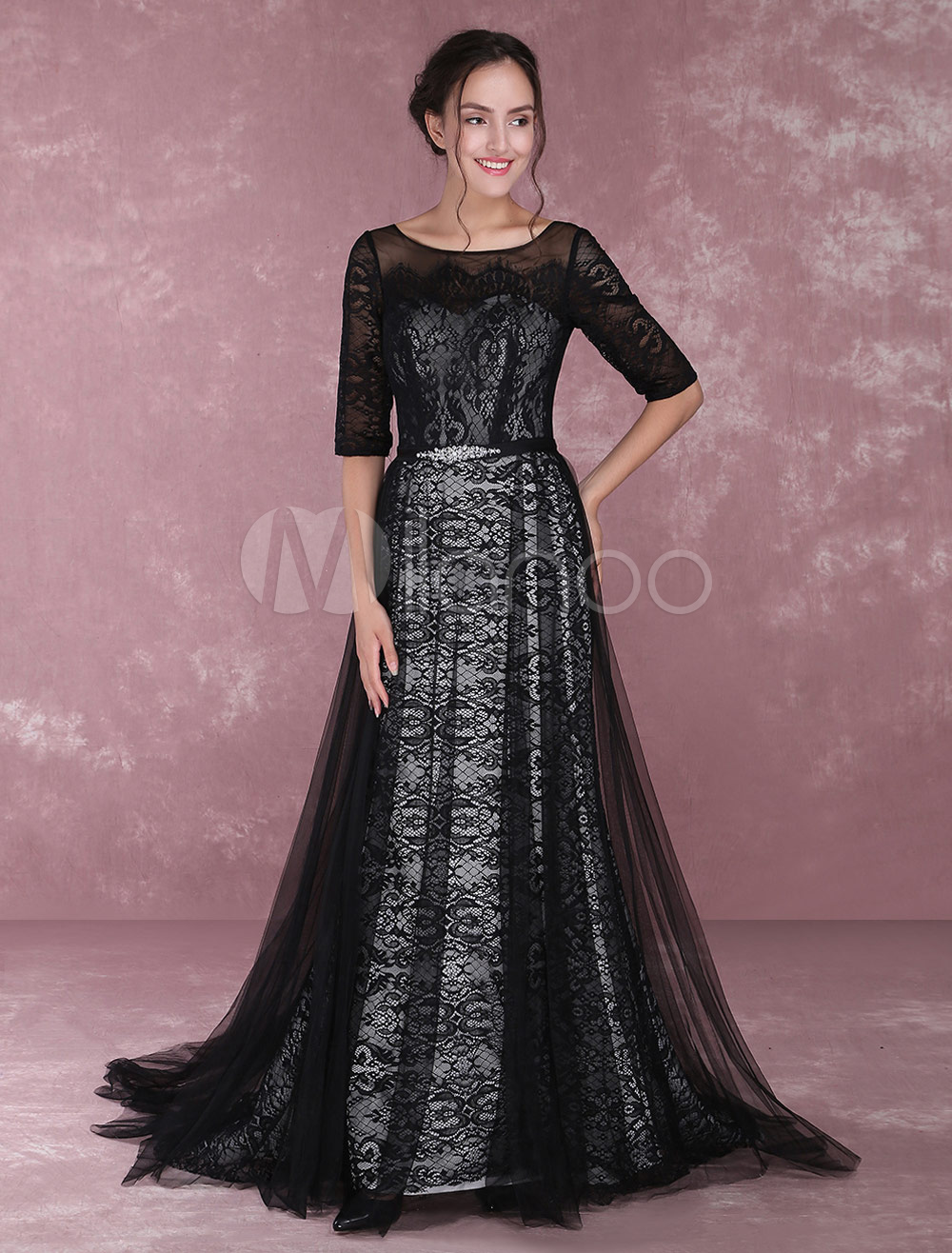 Black Evening Dresses Lace Half Sleeve Formal Dress Illusion Tulle 