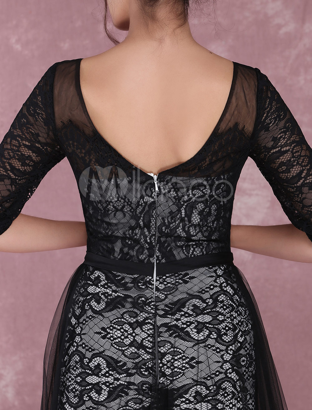 Black Evening Dresses Lace Half Sleeve Formal Dress Illusion Tulle ...