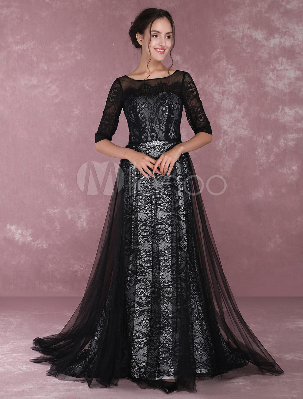 Black Evening Dresses Lace Half Sleeve Formal Dress Illusion Tulle ...