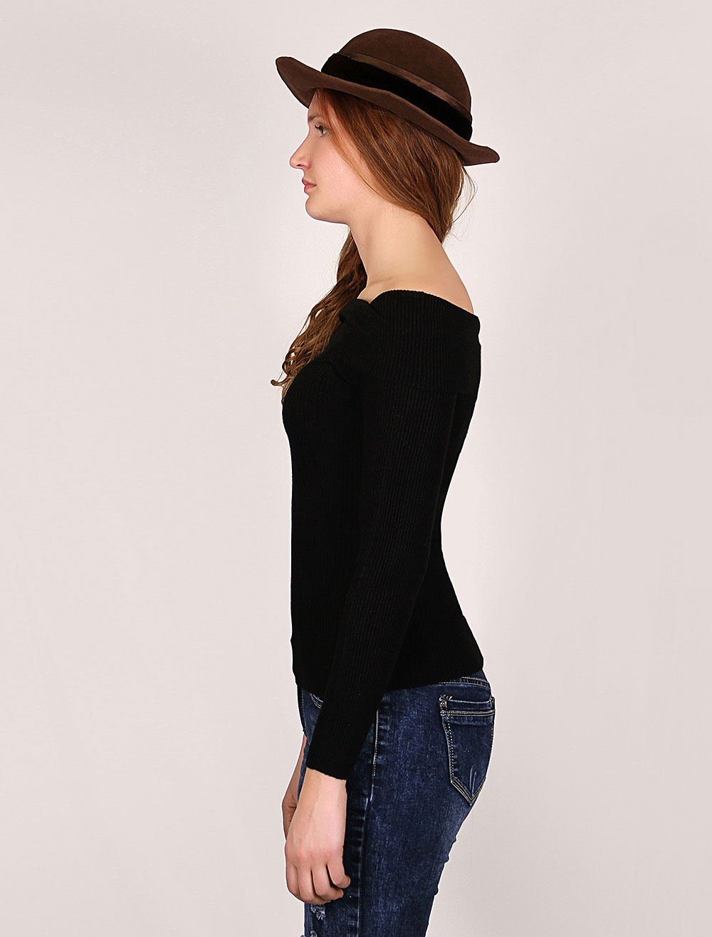 Women Black Sweater Off The Shoulder Top Long Sleeve Elastic Pullover Sweater boutique.milanoo
