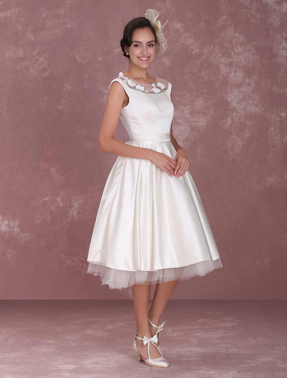Tea-Length Ivory Reception Wedding Dress with Sheer Lace Milanoo ...