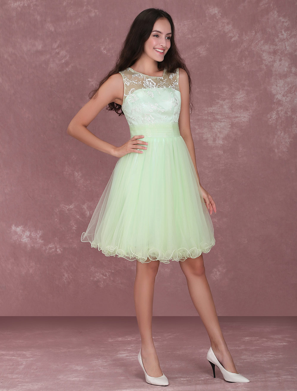 Light Green A-Line Lace Tulle Bridesmaid Dress - Milanoo.com