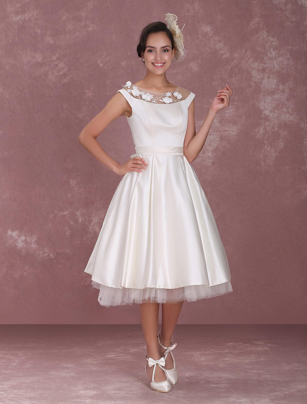Tea-Length Ivory Reception Wedding Dress with Sheer Lace Milanoo ...