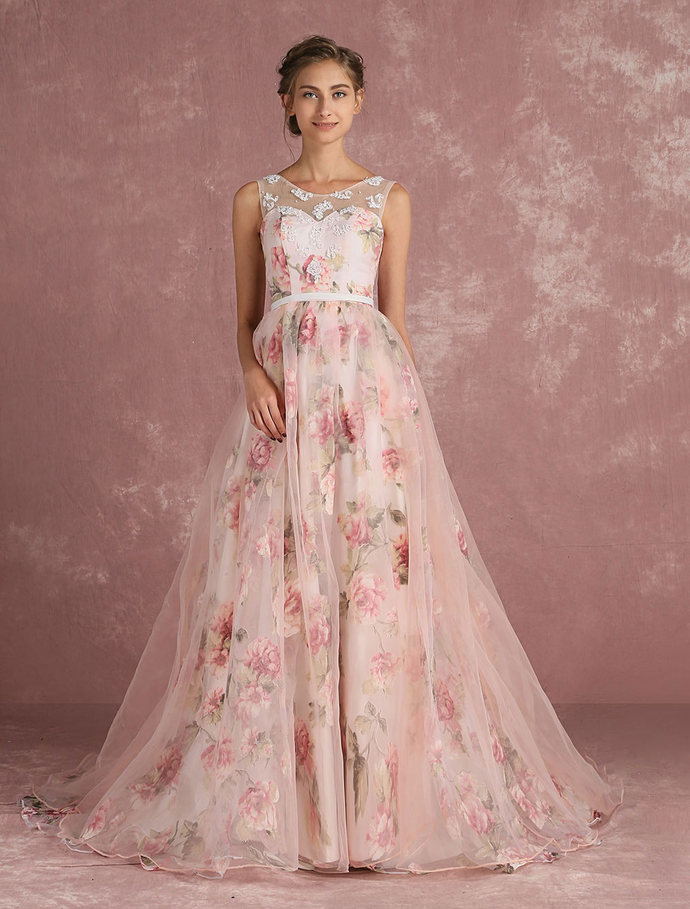 Pink Prom Dresses 2021 Long Floral Print Organza Pageant Dress Backless ...