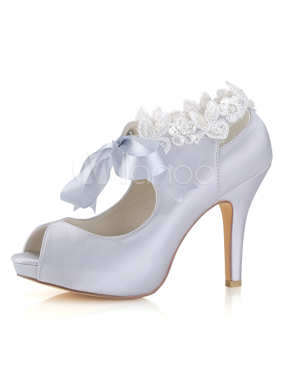 Silver Wedding Shoes Silk Peep Toe Lace Up Wedding Guest