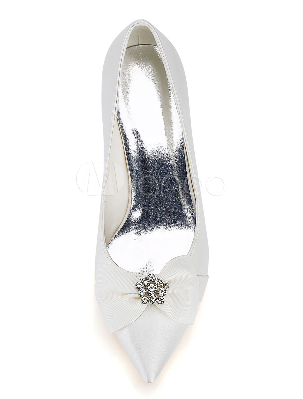 Silk Wedding Shoes Ivory Pointed Toe Rhinestones Bow Bridal Shoes