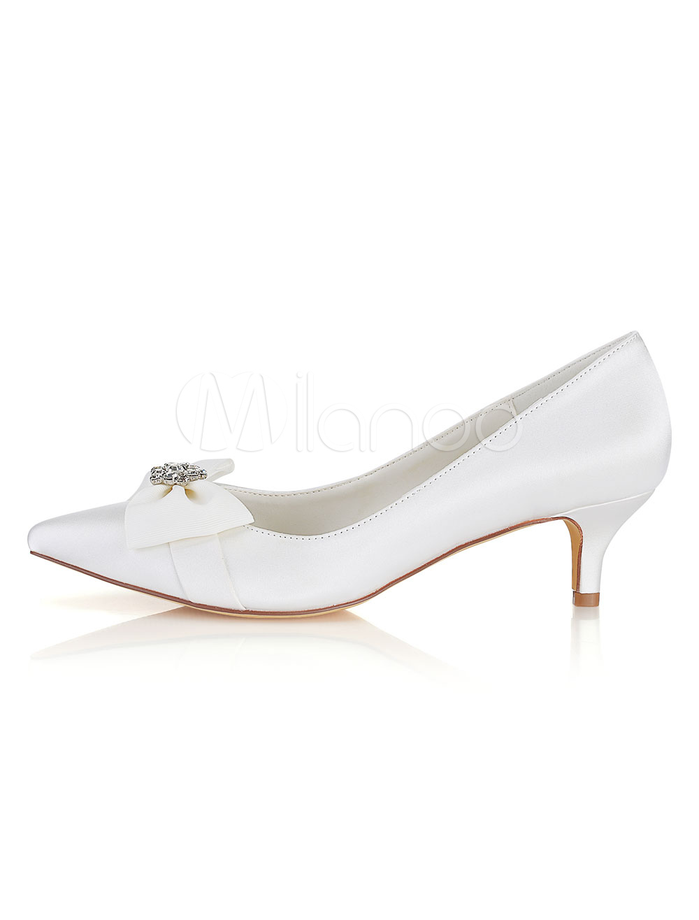 Silk Wedding Shoes Ivory Pointed Toe Rhinestones Bow Bridal Shoes