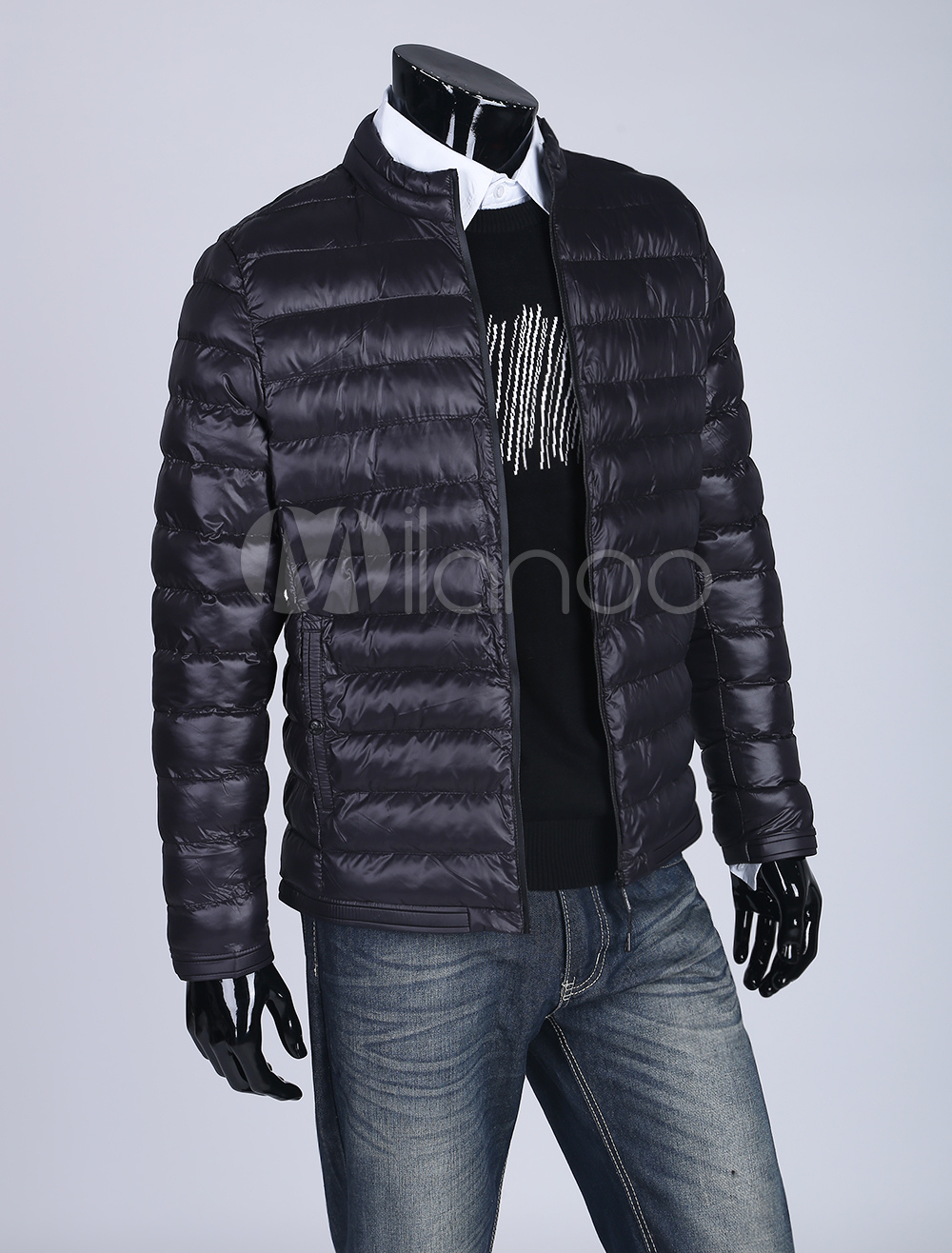 Black Puffer Coat Men Short Jacket Stand Collar Long Sleeve Zip Up ...
