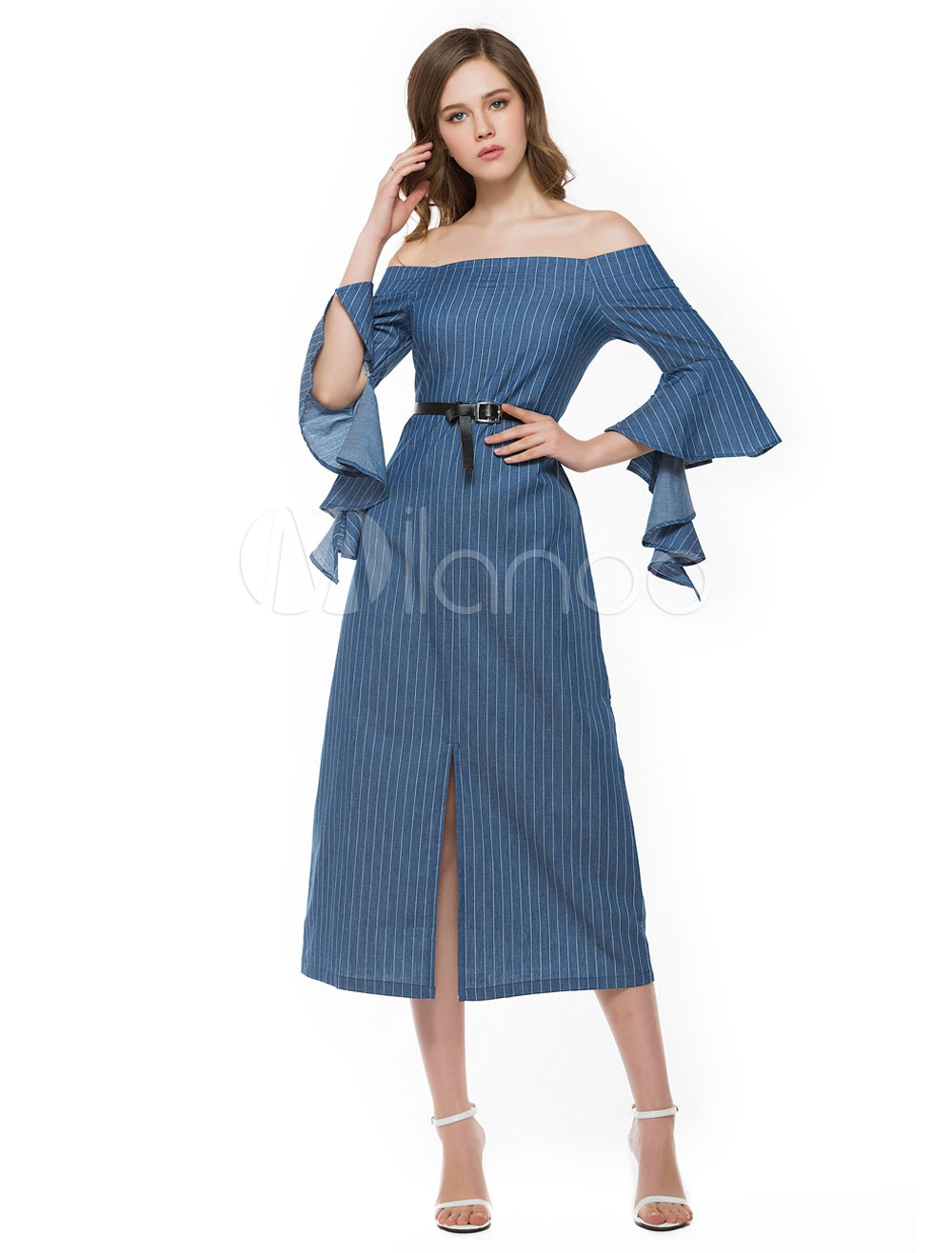 Spring Women Dress Denim Off The Shoulder Striped Flared Sleeve Slit
