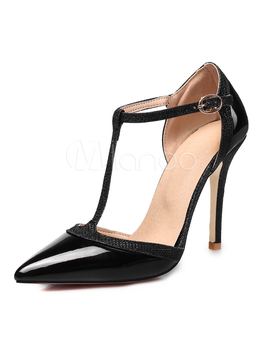 Gold High Heels Pointed Toe T Type Buckle Detail Shoes Women Dress