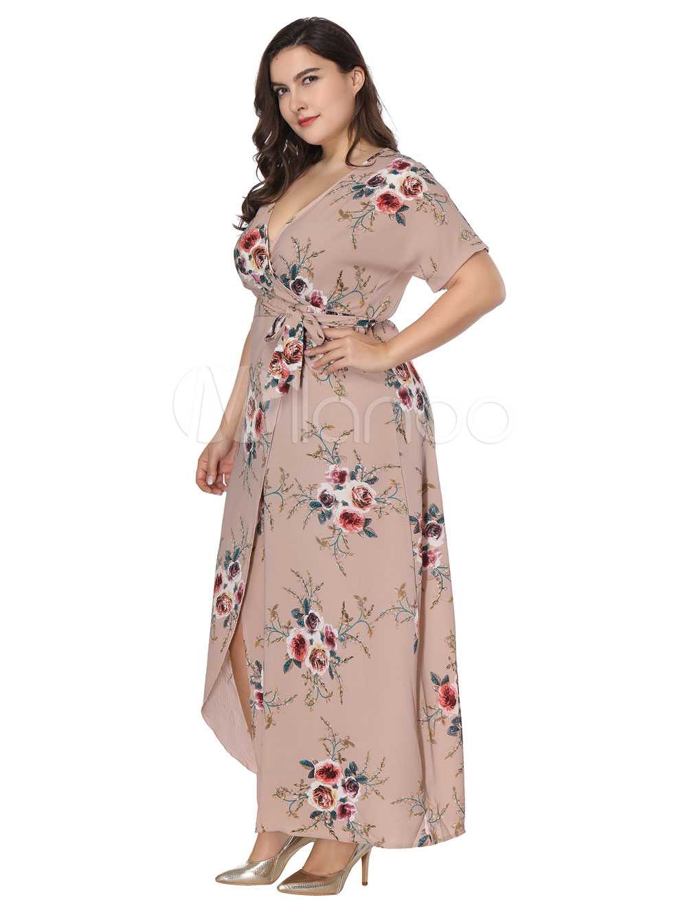 Plus Size Maxi Dress Floral Split Short Sleeve Women Long Wrap Dress ...