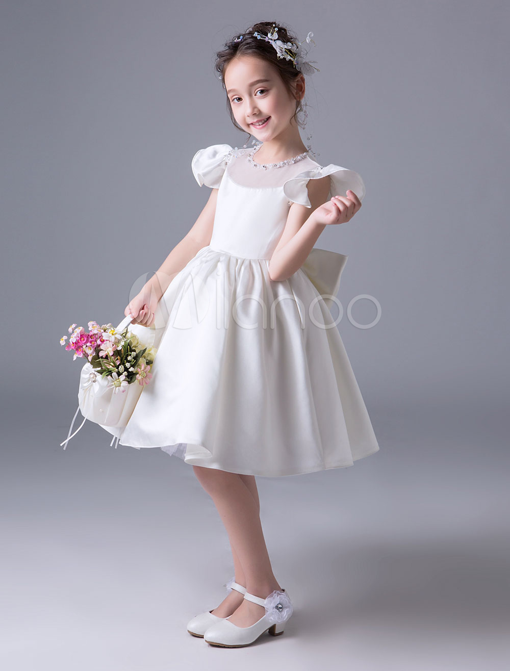 Flower Girl Dresses Satin Short Sleeve Bow Ivory Princess Dress Knee ...