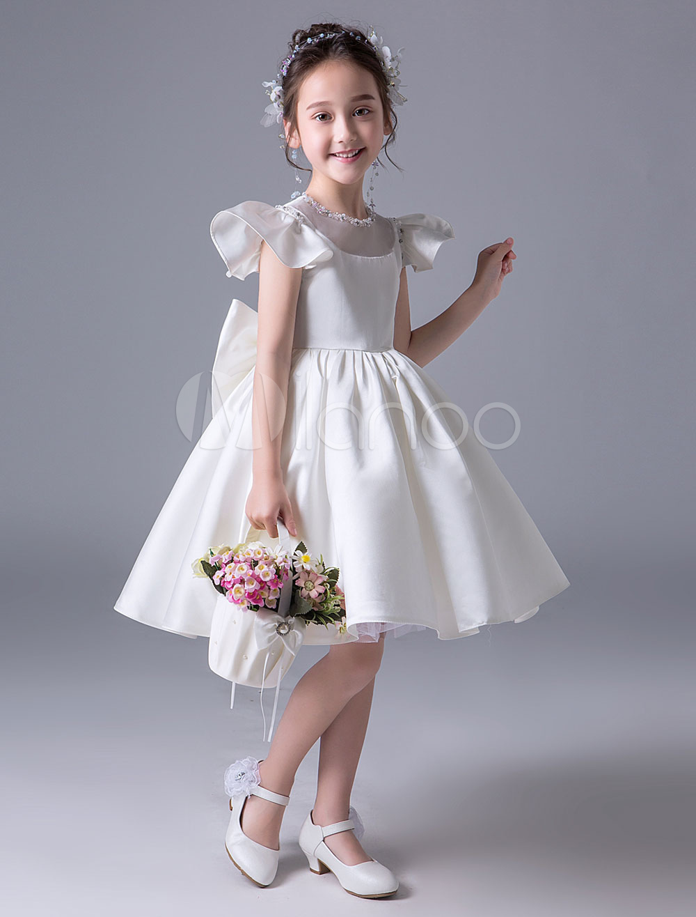 Flower Girl Dresses Satin Short Sleeve Bow Ivory Princess Dress Knee ...