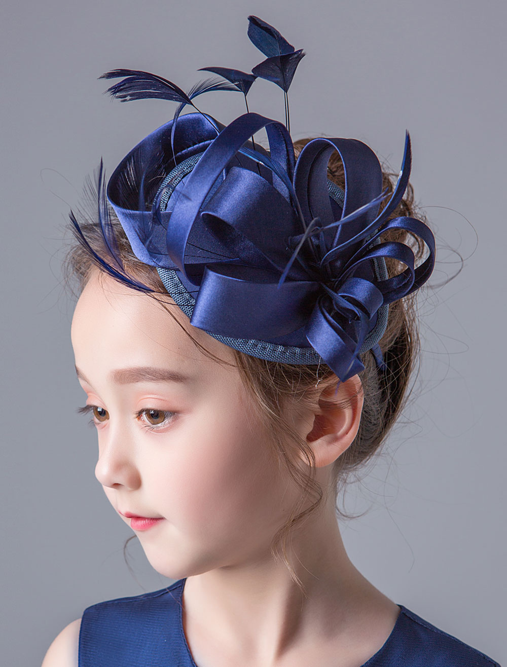 Flower Girl Hair Accessories Dark Navy Fascinator Hat Headpieces Satin