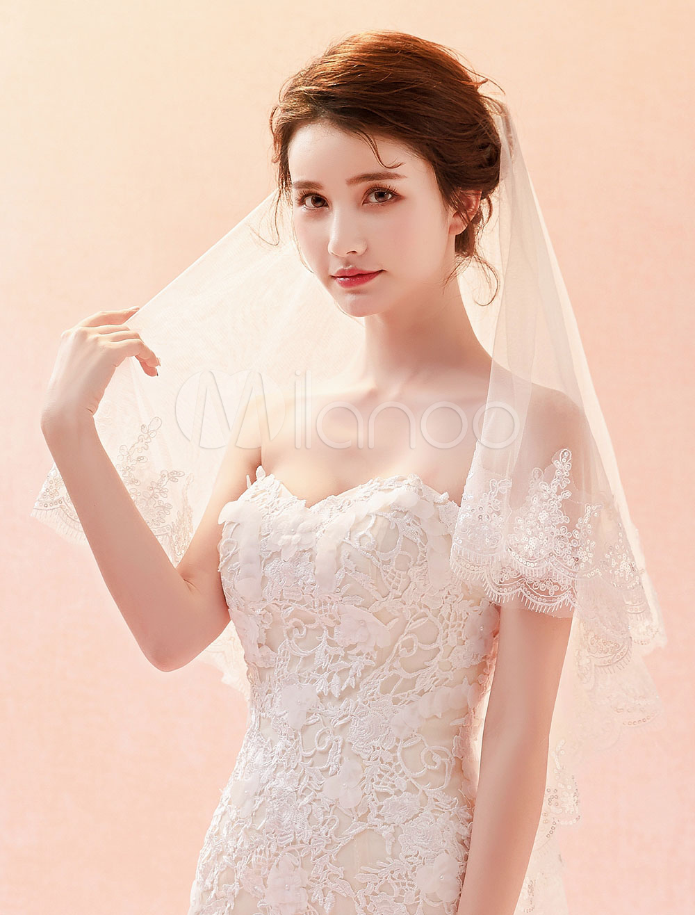 Velo Avorio A Un Piano Con Punte Di Perle Sparse E Bordo A Cordoncino S476 - Foto 6