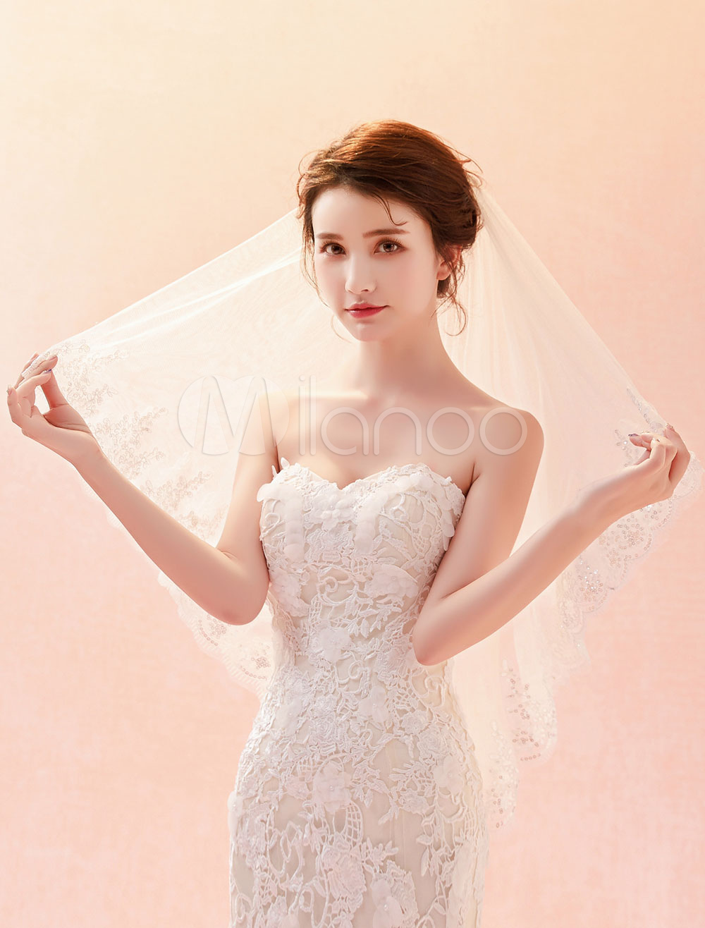 Velo Avorio A Un Piano Con Punte Di Perle Sparse E Bordo A Cordoncino S476 - Foto 7